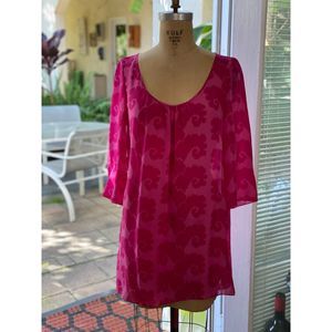 Tibi New York Fuchsia Pink Long Sleeve 100% Silk Abstract Floral Tunic Top SZ S